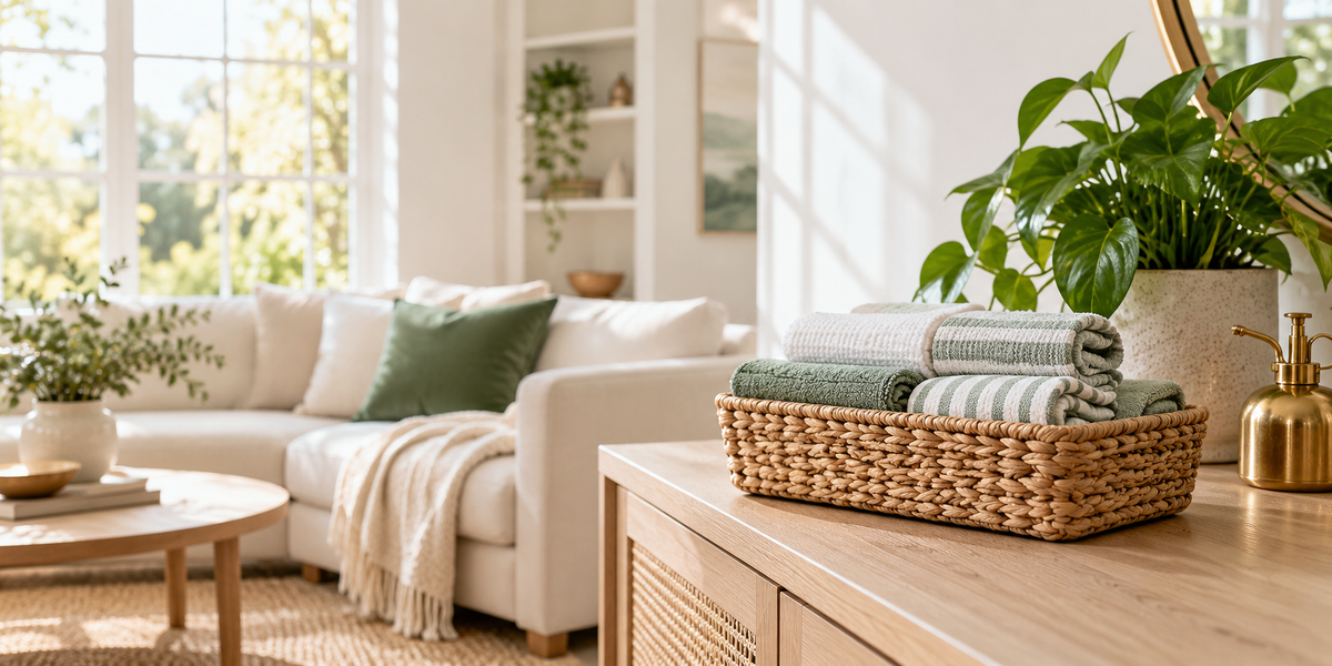 Comfortable sunlit home with a basket of household cloths