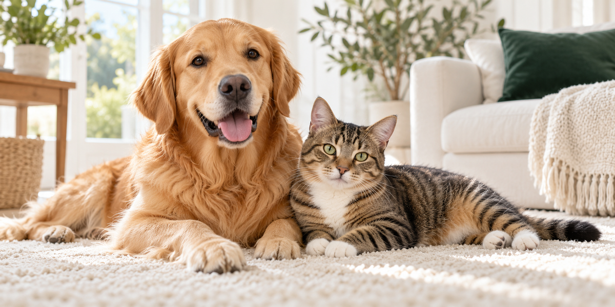 Golden retriever and tabby cat relaxing in a bright home